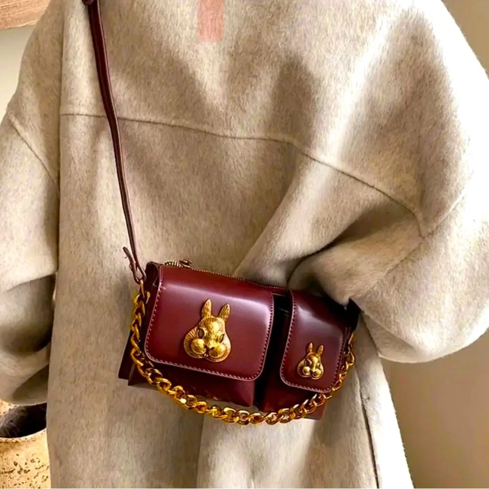 🆕 Vintage Retro Rabbit Head Crossbody Bag with Multi Pockets, Trendy Chain - Picture 6 of 11